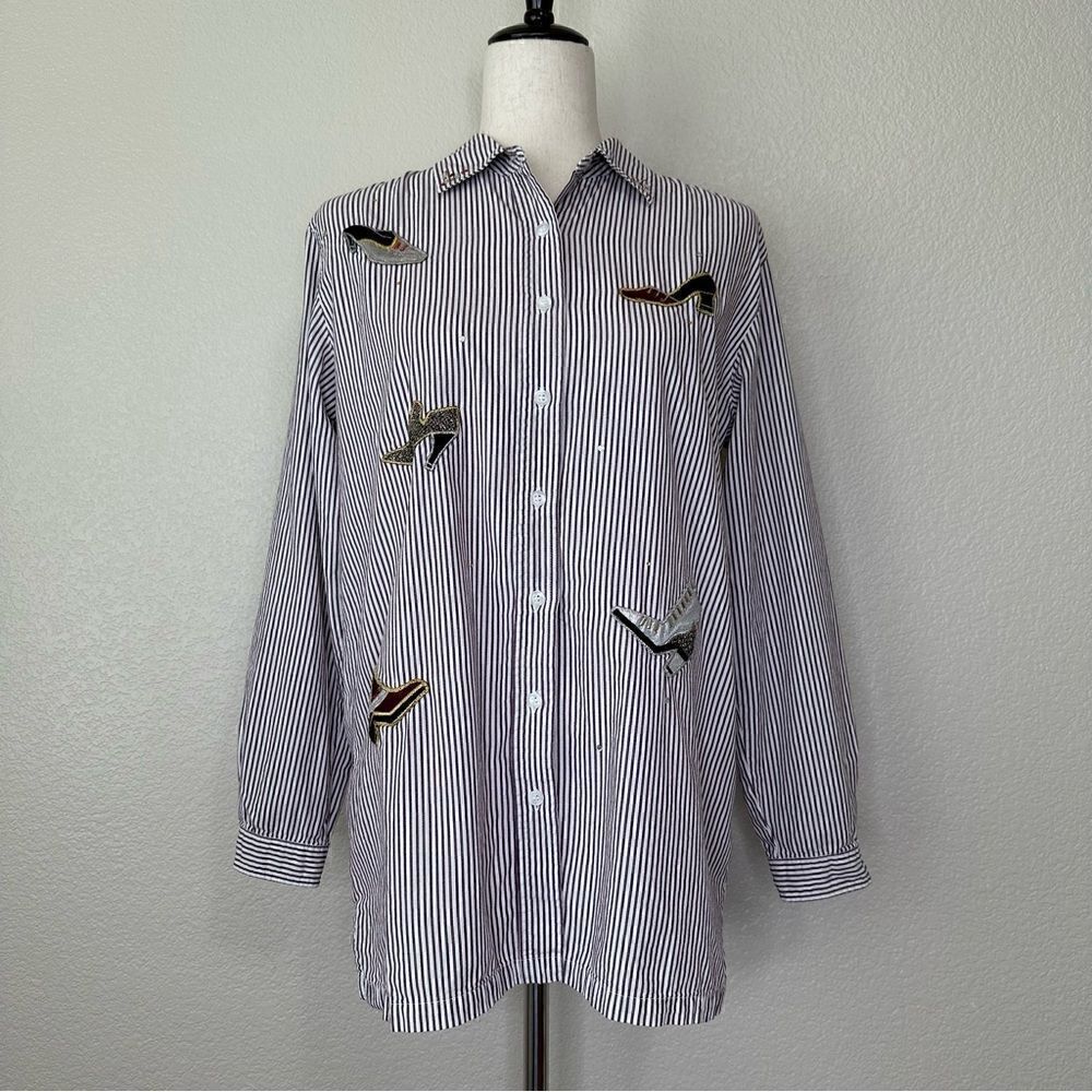 Bobbie Brooks Shoe Appliques Purple White Striped Button Down Shirt